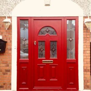composite door red with two side windows by Expert Windows