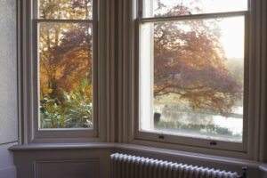 View of trees through newly installed double-hung windows in a Dublin home