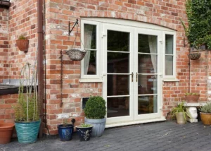Bright and welcoming upvc front door with windows and doors surround.