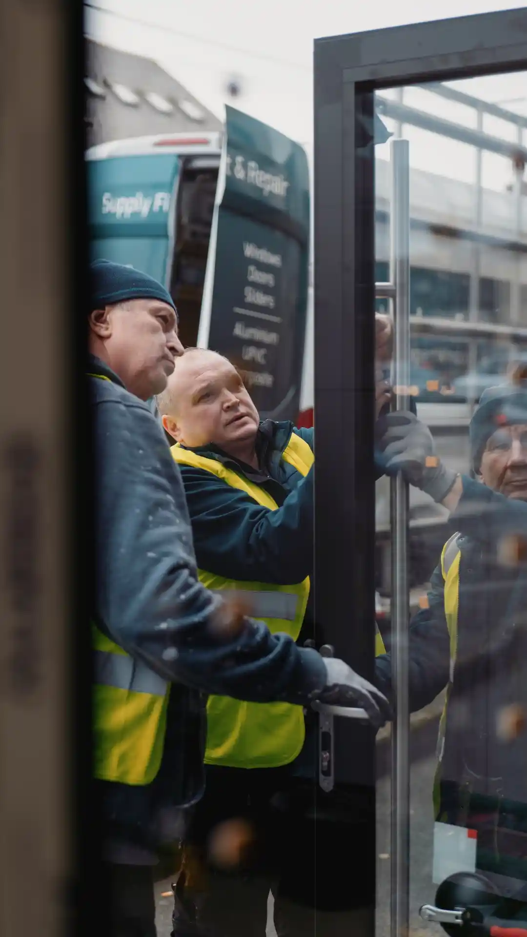 Expert windows team members installing a store front door in Dublin