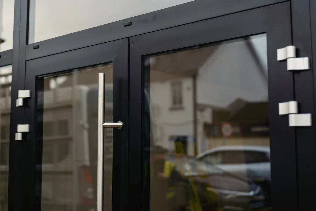 Closeup of a newly installed front door for a small business in Dublin